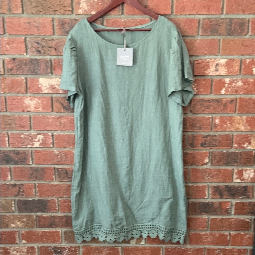 Saiph Lab Sage Green Linen Dress with Crochet Detail